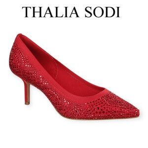 THALIA SODI HEATHERE RED RHINESTONE EMBELLISHED POINTED TOE KITTEN HEEL PUMPS